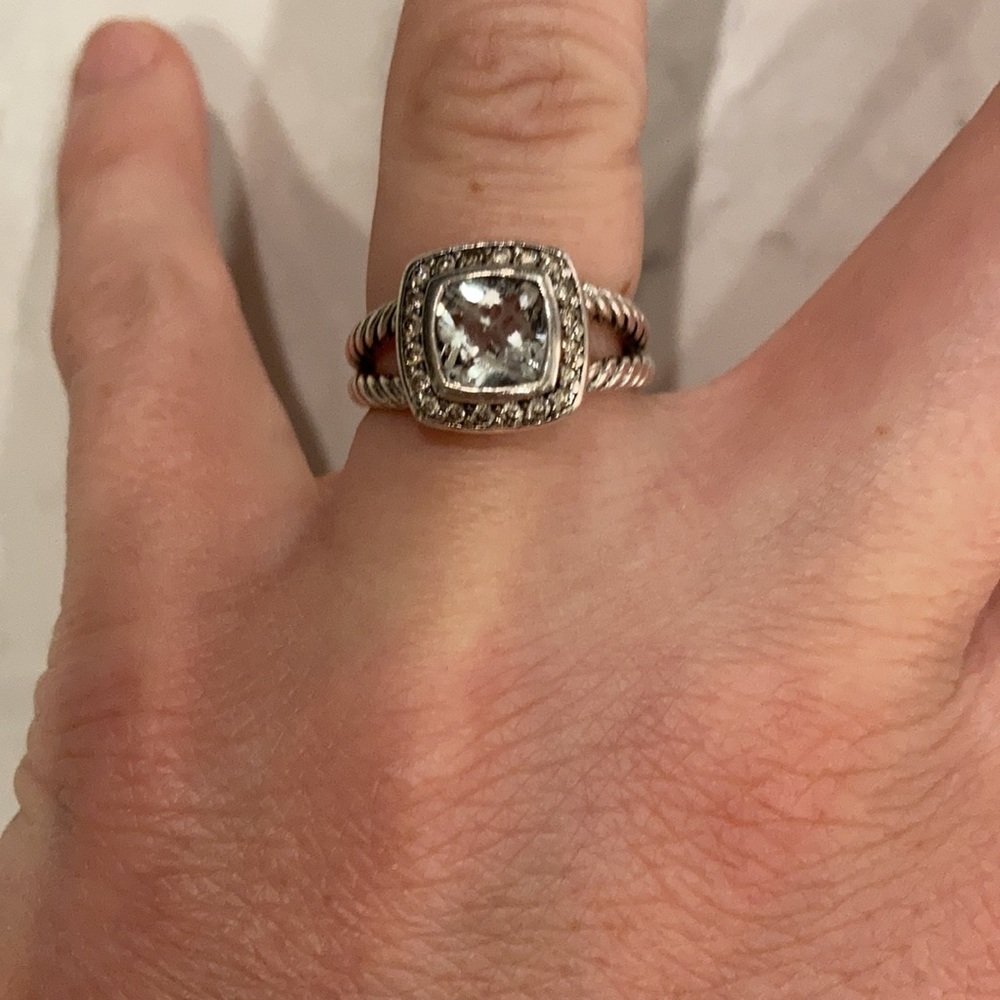 David Yurman Sterling Silver Ring with Clear Stone and Pavé Halo